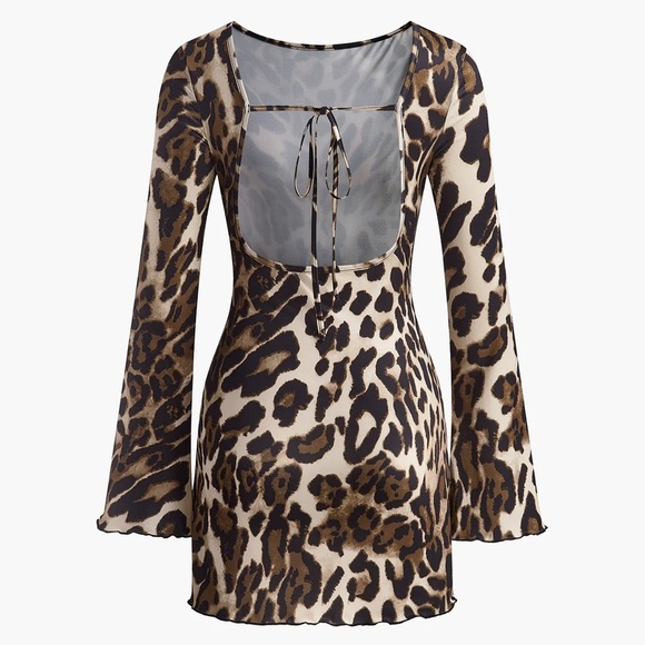 Commense Leopard Animal Printed Long Sleeve Open Back Tie Mini Short Dress - Picture 3 of 7